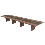 Table de conf�rence tario l. 560 x 140 cm - noyer avec insert central cuir marron