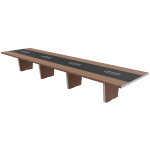 Table de confrence tario l. 560 x 140 cm - noyer avec insert central cuir noir