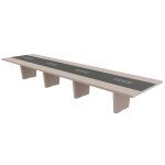 Table de conf�rence tario l. 560 x 140 cm - orme gris avec insert central cuir anthracite