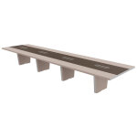 Table de conf�rence tario l. 560 x 140 cm - orme gris avec insert central cuir marron