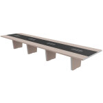 Table de confrence tario l. 560 x 140 cm - orme gris avec insert central cuir noir