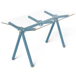 Table haute xylan 6 personnes l. 140 x l. 75 x h. 74 cm - plateau en verre - structure et pieds bleu Table haute xylan 6 personnes l. 140 x l. 75 x h. 74 cm - plateau en verre - structure et pieds bleu