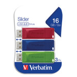 Verbatim pack de 3 cls usb 2. 0 16go rouge / bleue / verte rtractable 49326
