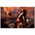 Affiches et imprims style scandinave fille africaine avec loup, peinture a l'huile sur toile, impressions ...