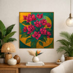 Affiche murale de bougainvillier aux fleurs rose fuchsia, sur fond graphique vert et ocre. une d�coration ...