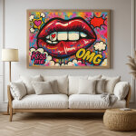 Affiche murale au fusain en noir et blanc de l�vres pop art color�es avec message kiss me imprim� sur ...