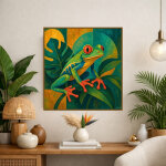 Affiche murale tropicale repr�sentant une grenouille arboricole aux pattes orang�es, pos�e sur un feuillage ...