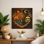 Art mural azt�que color�e � equilibre cosmique, dualit� sacr�e entre vie et mort, soleil et lune, feu ...