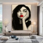Art mural au fusain noir et blanc repr�sentant une femme aux l�vres rouges expressives. affiche murale ...