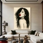 Art mural au fusain noir et blanc femme sensuelle aux l�vres rouges imprim� sur une affiche el�gante ...
