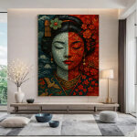 Art mural mosa�que textur�e d'un portrait de geisha japonaise aux yeux clos - dualit� bleu & rouge � ...