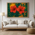Art mural tropicale mettant en sc�ne deux hibiscus rouges flamboyants sur un fond vert profond et ocre ...