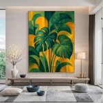 Art mural tropicale mettant en sc�ne des feuilles de monstera stylis�es sur fond vert et ocre. affiche ...