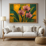Art mural tropicale repr�sentant des orchid�es roses sur un fond vert et ocre aux formes g�om�triques. ...