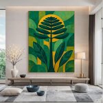 Art mural v�g�tal contemporain repr�sentant un arbre stylis�e sur fond vert et ocre. affiche murale el�gante ...