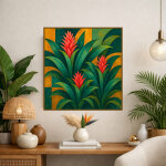 Art murale tropicale repr�sentant des brom�lias rouges eclatants, entour�s d'un feuillage luxuriant vert ...