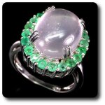 Bague quartz rose & emeraude argent 925 + plaqu or blanc 14 k.