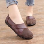 Chaussures plates en cuir vritable souple pour femmes, mocassins, chaussures bateau, boucle a crochet, ...