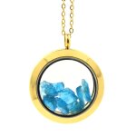 Collier apatite bleu neon brut. mod�le m�daillon 25 mm. couleur or.