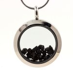 Collier diamant noir brut. mod�le m�daillon 30 mm. couleur argent.