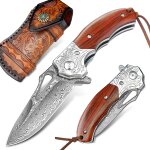Couteau pliant damas, lame de 9 cm en 67 couches d'acier vg10, manche en santal prcieux, etui en cuir ...