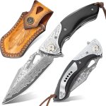 Couteau pliant damas, lame de 9 cm en 67 couches d'acier vg10, manche en santal prcieux, etui en cuir ...