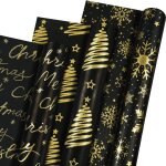 Ershi - lot de 3 rouleaux de papier cadeau de nol noir et dor avec feuille d'or mat, flocons de neige, ...