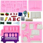 Ershi - lot de 4 moules en silicone pour la rentre scolaire, sac de bus, livre, ciseaux, stylo a dessin, ...