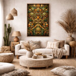 Le gardien du cinqui�me soleil � masque azt�que monumental vert, or et ocre � art mural m�soam�ricain ...