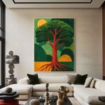 Illustration repr�sentant un arbre symbolique aux racines rouges sur fond vert et ocre. affiche murale ...