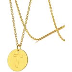 Kal - collier mdaille initiale en plaqu or, pendentif grav lettre t rond monnaie fantaisie en acier ...