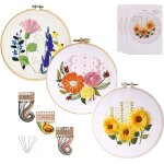 Kit de broderie 3 en 1 avec 3 motifs floraux, 3 cercles en plastique 20 cm, 6 aiguilles, 3 ensembles ...