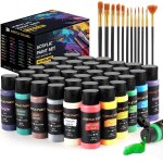 Lot de 36 peintures acryliques de 60ml + 12 pinceaux - kit de peinture acrylique pour toile, bois, cramique, ...