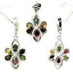 Parure tourmaline multicolore. pendentif + chaine, boucles d'oreille argent 925. .