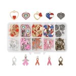 Pendentifs en alliage email, breloques avec ruban et coeur, couleurs m�lang�es, bo�tes en plastique: ...