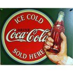 Plaque coca cola ice cold sold here + bouteille tole pub bar