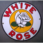 Plaque emaill�e white rose gasoline fleur ronde deco garage tole email pub metal