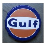 Plaque metal capsule gulf orange et bleu huile 21cm deco garage tole