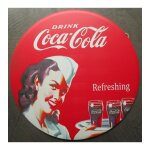 Plaque metal coca serveuse style retro tole ronde 30cm Plaque metal coca serveuse style retro tole ronde 30cm
