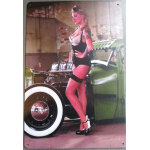 Plaque m�tal pin - up & green hot rod - d�co garage vintage - 20x30 cm