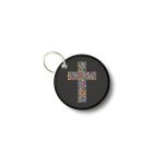 Porte cles cl� clefs rond imprime double face croix fleur jesus christ