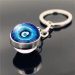 Porte - clés avec pendentif ?il du mal, en métal, double boule de verre de cristal, bleu #b Porte - clés avec pendentif ?il du mal, en métal, double boule de verre de cristal, bleu #b