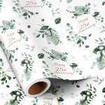 Rouleau de papier cadeau anniversaire - papier cadeau feuilles d'eucalyptus, papier joyeux 25e anniversaire ...