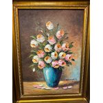 Tableau pot de fleurs roses, oranges