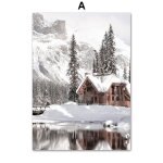 Toile d'art mural de paysage de montagne de neige, peinture de maison d'hiver, herbe fleur, affiches ...