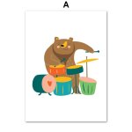 Toile d'art mural avec renard, ours, lapin, souris, oiseau, guitare, violoncelle, trompette, peinture ...