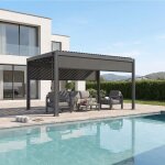 Ensemble pergola bioclimatique evonis avec 2 stores c�t�s longs 4 x 3 m - structure en acier inoxydable ...