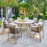 Ensemble table de jardin fixe ronde nelora + 8 fauteuils ficelle miel places - aluminium trait� �poxy, ...