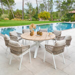 Ensemble table de jardin ronde + 8 fauteuils oriengo acacia blanc places - aluminium trait poxy, certifi ...