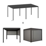 Pergola bioclimatique evora �lectrique graphite + 6 stores x 3, 6 m - structure et lames doubles en aluminium ...
